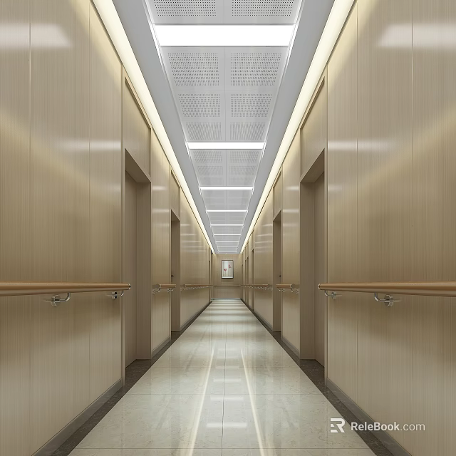 Clean Bright Hospital Outpatient Clinic Corridor With Wooden Walls Handrails Smooth Tiled Floor Strip Lights 3d model 