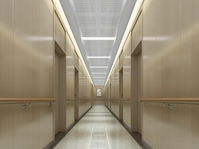 Clean Bright Hospital Outpatient Clinic Corridor With Wooden Walls Handrails Smooth Tiled Floor Strip Lights 3d model