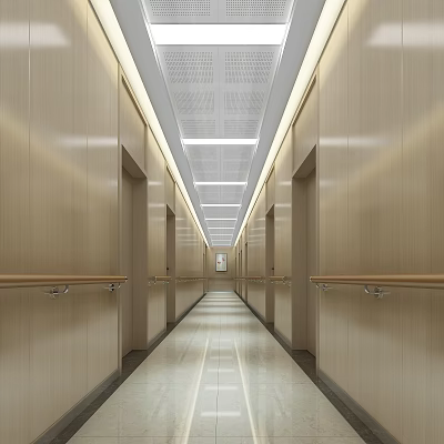 Clean Bright Hospital Outpatient Clinic Corridor With Wooden Walls Handrails Smooth Tiled Floor Strip Lights 3d model