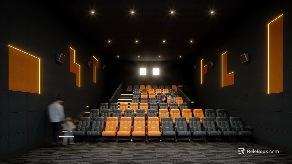 Modern Cinema Theater Interior With Orange And Gray Seats And Ceiling Lighting 3d model 