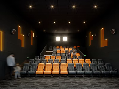 Modern Cinema Theater Interior With Orange And Gray Seats And Ceiling Lighting 3d model