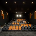 Modern Cinema Theater Interior With Orange And Gray Seats And Ceiling Lighting
