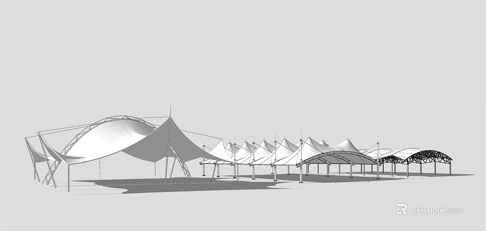 Modern Tensile Membrane Canopy Structures With Row Of Supporting Columns Outdoor 3d model 