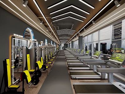 Modern Gym Interior With Spacious Layout Treadmills Strength Training Equipment Yellow Seats And Mirrors 3d model