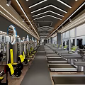 Modern Gym Interior With Spacious Layout Treadmills Strength Training Equipment Yellow Seats And Mirrors