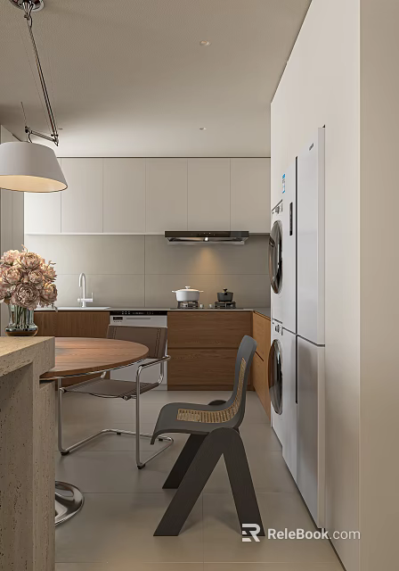 Modern Dining And Kitchen Interior With White Cabinets Wooden Countertops Round Table Pendant Light 3d model 