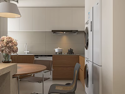 Modern Dining And Kitchen Interior With White Cabinets Wooden Countertops Round Table Pendant Light 3d model