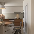 Modern Dining And Kitchen Interior With White Cabinets Wooden Countertops Round Table Pendant Light
