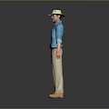 Man Wearing Blue Shirt Beige Pants And Hat With Yellow Shoes On Gray Platform