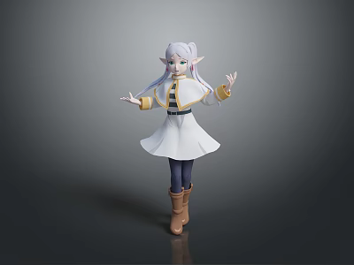 Child With Long White Hair And Elf Ears Wearing White Dress Brown Boots Outstretched Arms 3d model