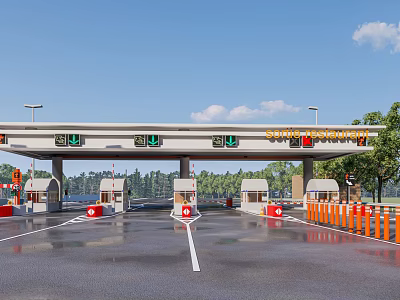 Roadway Toll Facilities With Multiple Toll Booths Electronic Displays And Orange Barriers 3d model