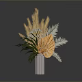 Carved White Striped Vase With Dried Plants Brown Reeds Blue Flowers And Orange Decor