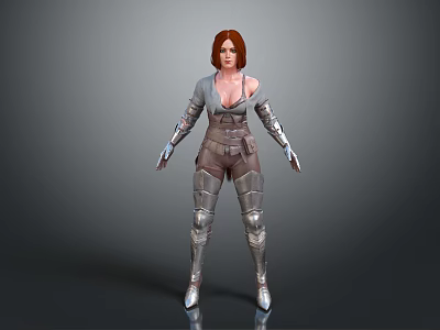 3D Female Warrior Character With Red Hair Gray Top Brown Leather Outfit And Silver Armor 3d model