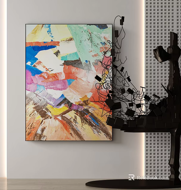 Colorful Abstract Paintings With Black Metal Sculptures In Modern Interior Design 3d model 