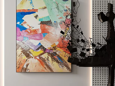 Colorful Abstract Paintings With Black Metal Sculptures In Modern Interior Design 3d model