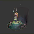 Red Haired Girl Standing On Green Island With Plants Mushrooms Glowing Stars And Dark Smoke