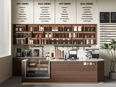 Cozy Café Interior With Wooden Counter Coffee Machines Menu Boards And Potted Plant 3d model