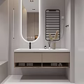 Modern Bathroom Interior With Round Lighted Mirror Floating Vanity And Storage Shelves 3d model