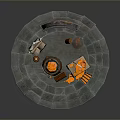 Mystical Fantasy Altar Scene With Arched Green Grid Window Smoking Cauldron And Circular Stone Steps