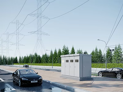 Industrial Power Distribution Cabinet On Roadside With High Voltage Towers And Black Cars Driving 3d model