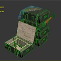 Green Military Crates Stacked With Open Box Camouflage Cloth And Rifle