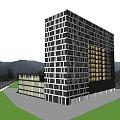 Modern Office Building Exterior Design With Glass Curtain Wall Square Windows And Green Landscape