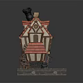 Cartoon Style Small Building with Red Tiled Roof Wooden Frame Small Windows and Chimney