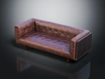 Classic Vintage Brown Leather Sofa With Tufted Design And Wooden Legs 3d model