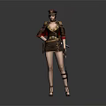 Female Game Movie Character In Military Style Uniform With Hat Weapon And High Heels