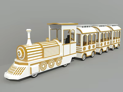 Vintage White and Gold Train with Multiple Carriages Decorative Patterns for Amusement Park Scenic Area 3d model