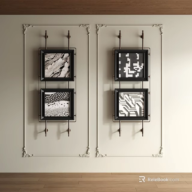 Four Black And White Abstract Paintings With Decorative Metal Hooks Hanging On Light Colored Wall 3d model 