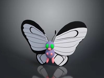 3D Model Butterfly Design With Black White Wings Purple Body Green Eyes And Pink Legs 3d model