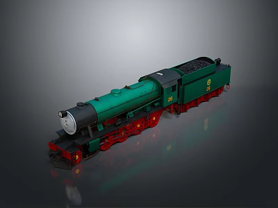 Green Steam Locomotive with Red Wheels Black Coal Tender and Number 2 3d model
