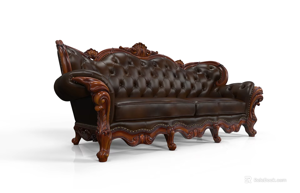 Classic Two Seater Leather Sofa with Ornate Carved Wooden Legs and Tufted Design 3d model 