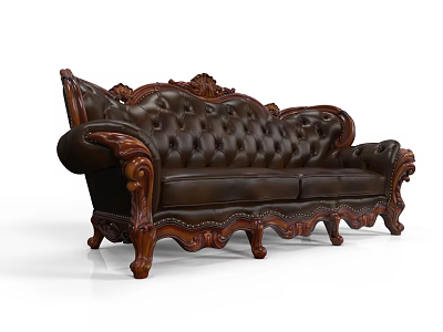 Classic Two Seater Leather Sofa with Ornate Carved Wooden Legs and Tufted Design 3d model