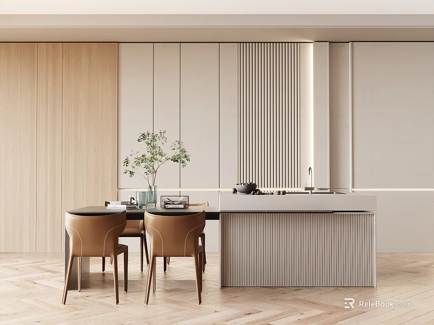 Modern Minimalist Interior Dining Table Set With Wooden Walls Light-Colored Cabinets Brown Chairs Green Plant 3d model 