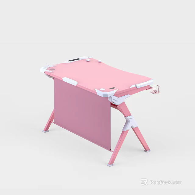 Pink Foldable Entertainment Desk With White Frame And Small Side Shelf 3d model 