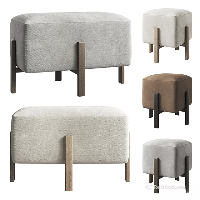 Modern Fabric Ottoman With Wooden Legs In Gray And Brown Colors 3d model 