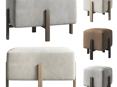 Modern Fabric Ottoman With Wooden Legs In Gray And Brown Colors 3d model