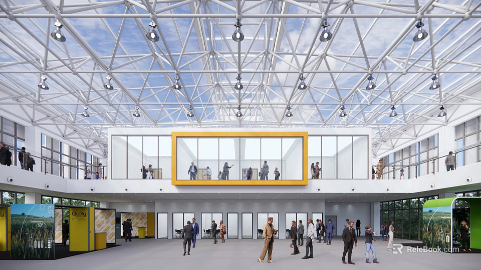 Two Story Building With Steel Frame Roof Yellow Framed Windows And People On Ground Floor 3d model 