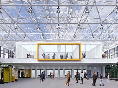 Two Story Building With Steel Frame Roof Yellow Framed Windows And People On Ground Floor 3d model