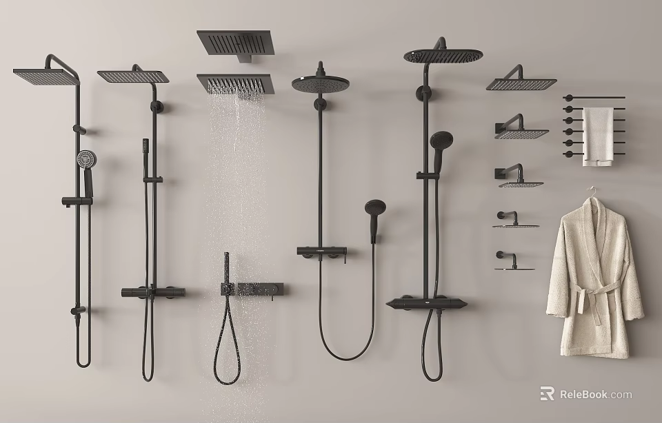 Black Wall Mounted Shower Systems With Rain Shower Heads And Handheld Sprayers 3d model 