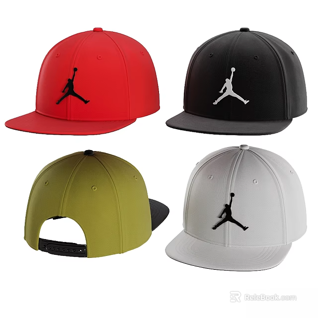 Colorful Flat Bill Caps With Jumpman Logo In Red Black Green White Colors 3d model 