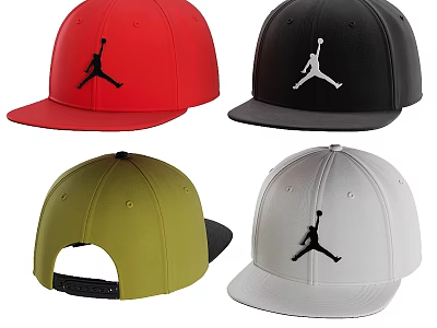 Colorful Flat Bill Caps With Jumpman Logo In Red Black Green White Colors 3d model