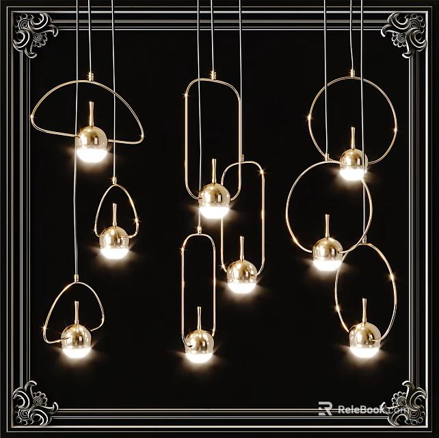 Modern Golden Frame Chandeliers With Circular Arc Structure And Spherical Bulbs For Interior Decoration 3d model 