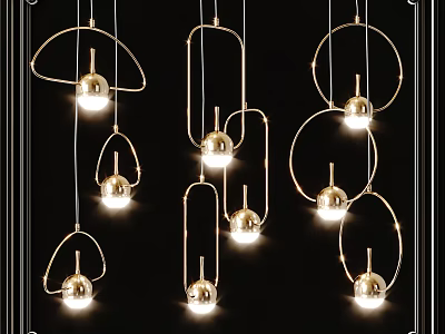 Modern Golden Frame Chandeliers With Circular Arc Structure And Spherical Bulbs For Interior Decoration 3d model
