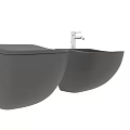 Modern Gray Wall Hung Toilet And Bidet In Bathroom With Wooden Floor
