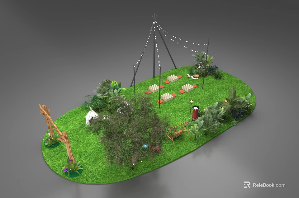 Outdoor Garden Relaxation Area With Green Grass Foliage Tent Seating And String Lights 3d model 