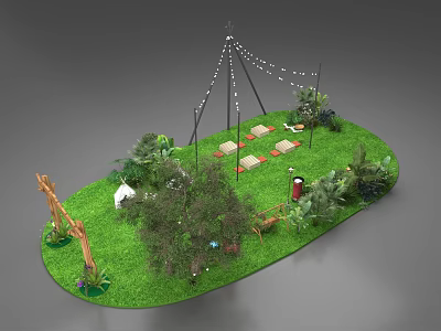 Outdoor Garden Relaxation Area With Green Grass Foliage Tent Seating And String Lights 3d model