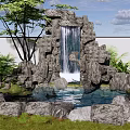 Natural Garden Ornament With Rockery Waterfall Lush Green Plants Trees And Pond